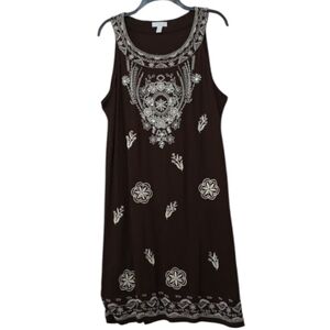 Women's Shift Dress Brown Sleeveless Embroidered Lined